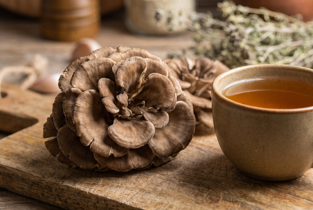 Fresh maitake mushrooms with a cup of tea