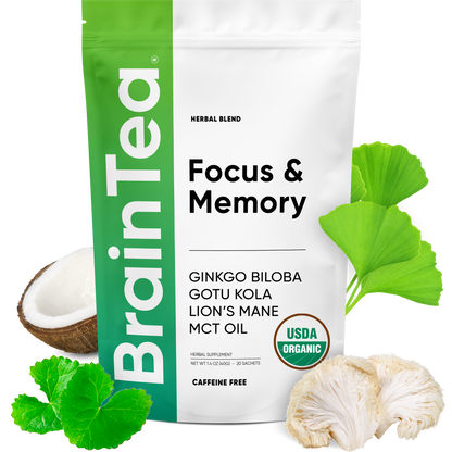 Brain Tea, Focus Tea, Ginkgo Biloba Gotu Kola MCT Lions Mane Mushroom